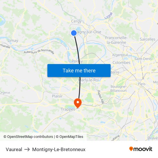 Vaureal to Montigny-Le-Bretonneux map