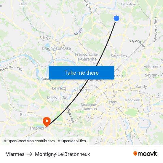 Viarmes to Montigny-Le-Bretonneux map