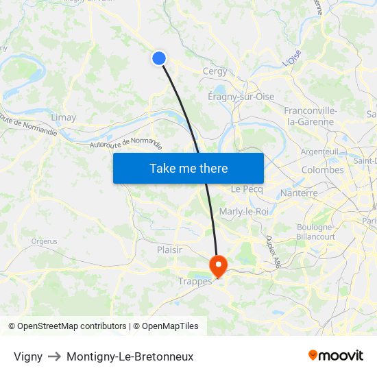Vigny to Montigny-Le-Bretonneux map