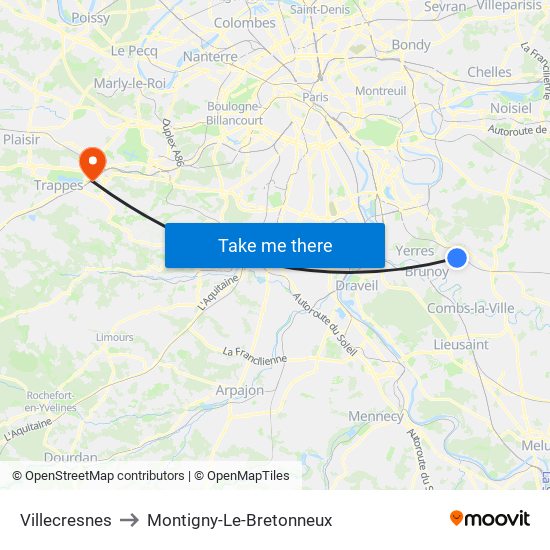 Villecresnes to Montigny-Le-Bretonneux map