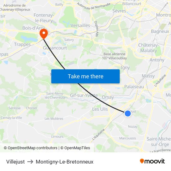 Villejust to Montigny-Le-Bretonneux map