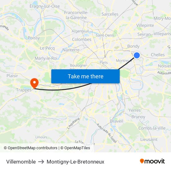 Villemomble to Montigny-Le-Bretonneux map