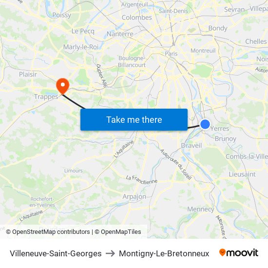 Villeneuve-Saint-Georges to Montigny-Le-Bretonneux map