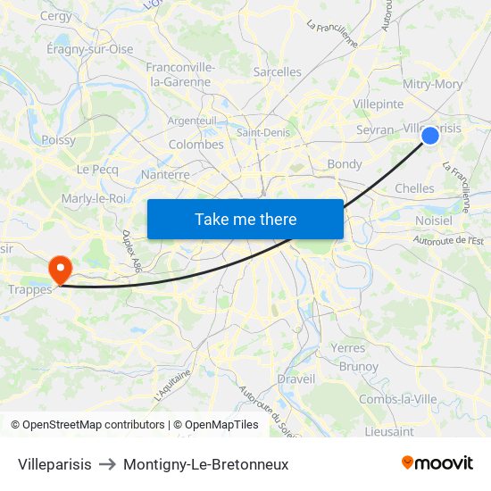 Villeparisis to Montigny-Le-Bretonneux map