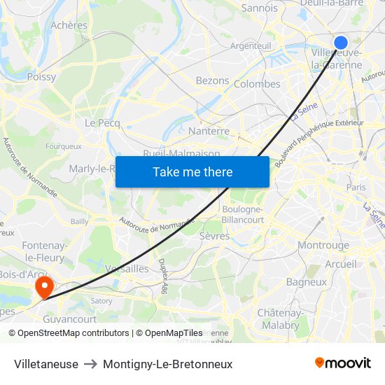 Villetaneuse to Montigny-Le-Bretonneux map