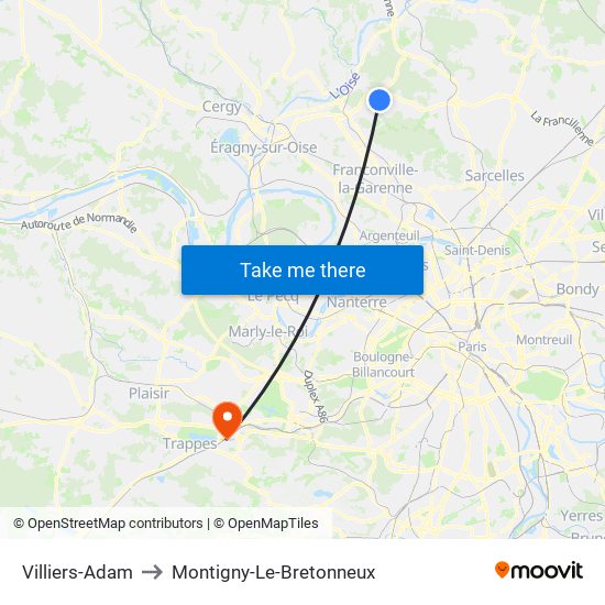 Villiers-Adam to Montigny-Le-Bretonneux map