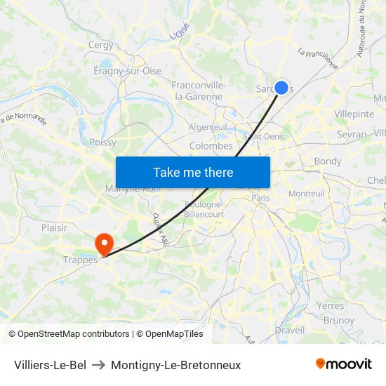 Villiers-Le-Bel to Montigny-Le-Bretonneux map