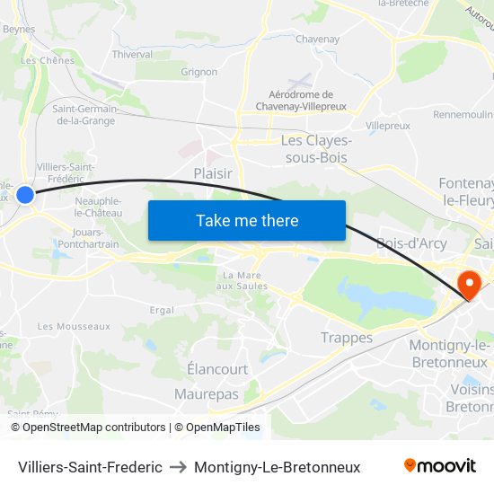 Villiers-Saint-Frederic to Montigny-Le-Bretonneux map