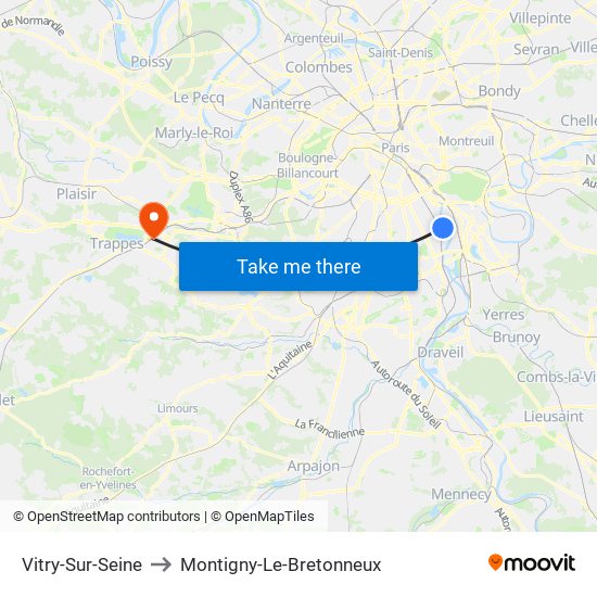 Vitry-Sur-Seine to Montigny-Le-Bretonneux map