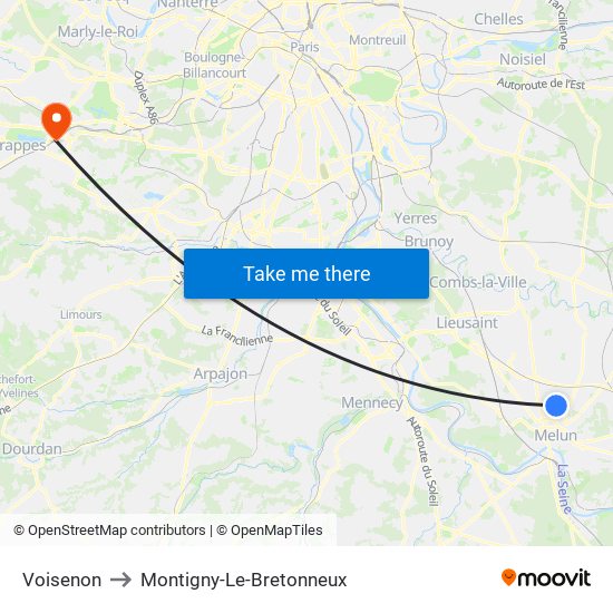 Voisenon to Montigny-Le-Bretonneux map