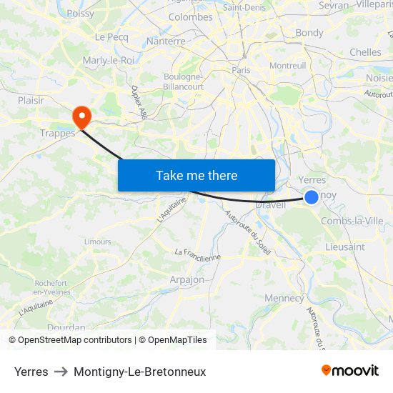 Yerres to Montigny-Le-Bretonneux map