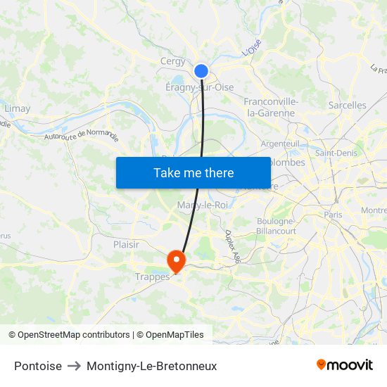 Pontoise to Montigny-Le-Bretonneux map