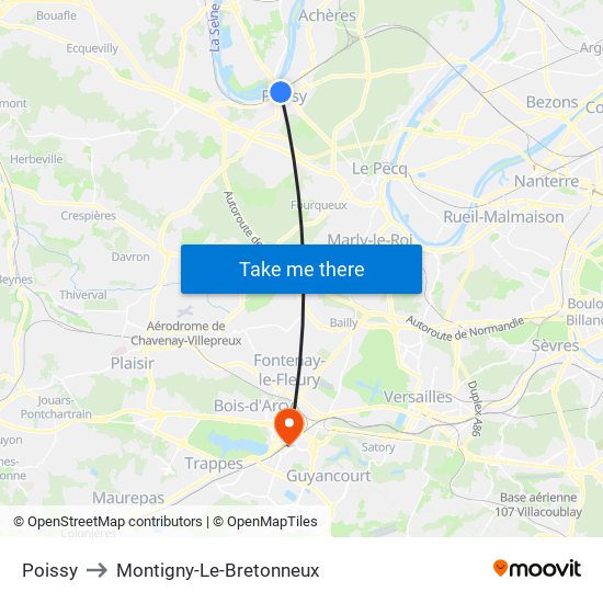 Poissy to Montigny-Le-Bretonneux map
