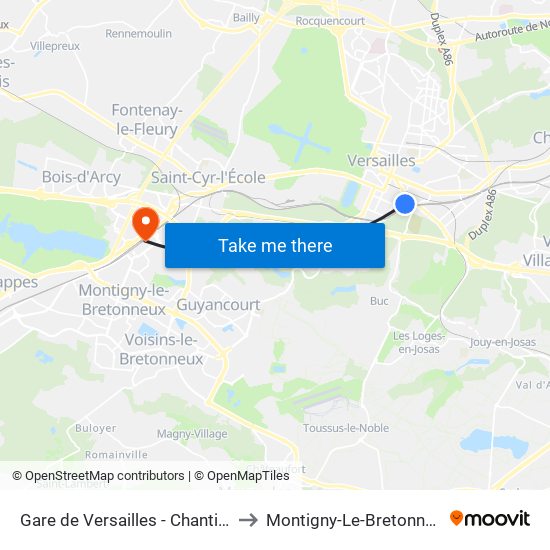 Gare de Versailles - Chantiers to Montigny-Le-Bretonneux map