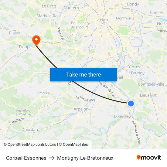 Corbeil-Essonnes to Montigny-Le-Bretonneux map