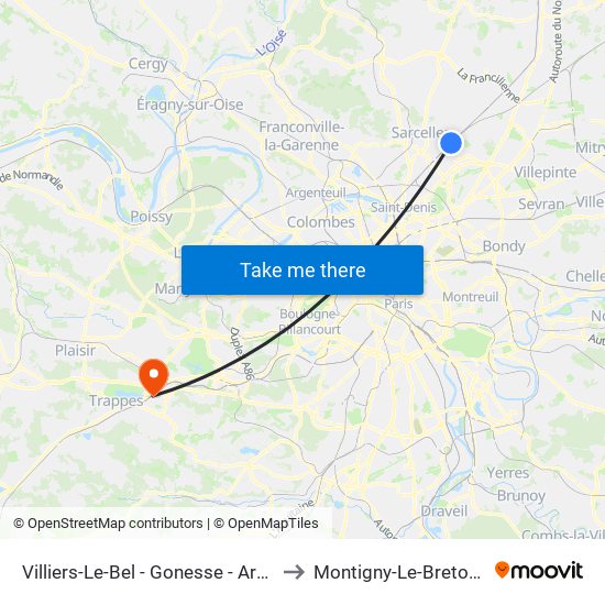 Villiers-Le-Bel - Gonesse - Arnouville to Montigny-Le-Bretonneux map