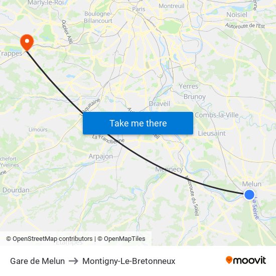 Gare de Melun to Montigny-Le-Bretonneux map