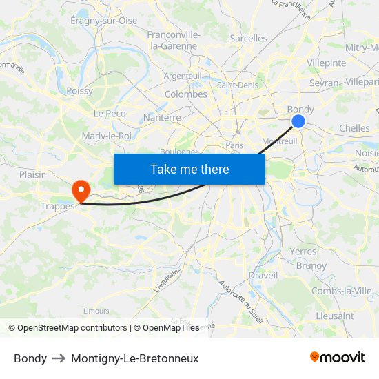 Bondy to Montigny-Le-Bretonneux map