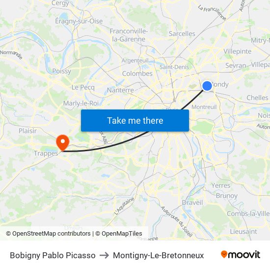 Bobigny Pablo Picasso to Montigny-Le-Bretonneux map