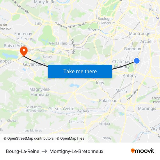 Bourg-La-Reine to Montigny-Le-Bretonneux map