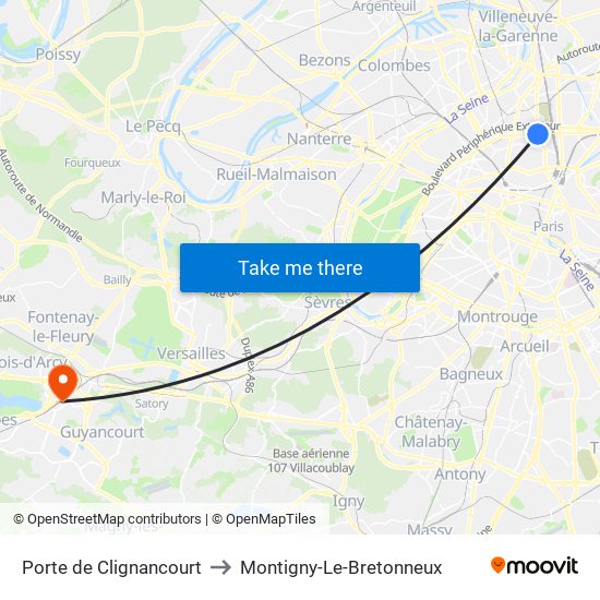 Porte de Clignancourt to Montigny-Le-Bretonneux map