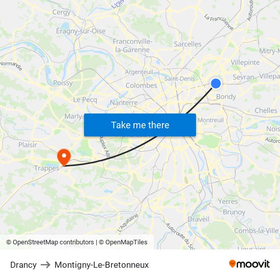 Drancy to Montigny-Le-Bretonneux map