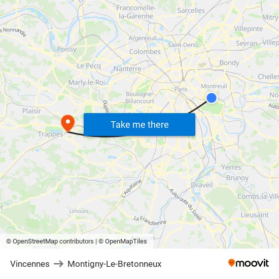 Vincennes to Montigny-Le-Bretonneux map