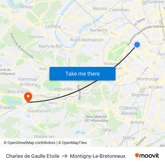 Charles de Gaulle Etoile to Montigny-Le-Bretonneux map