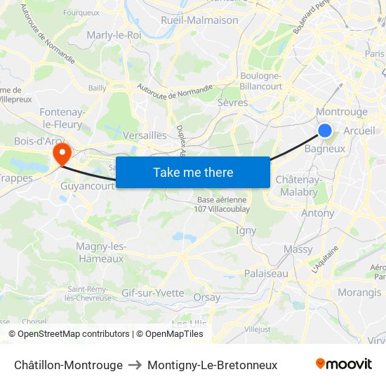 Châtillon-Montrouge to Montigny-Le-Bretonneux map