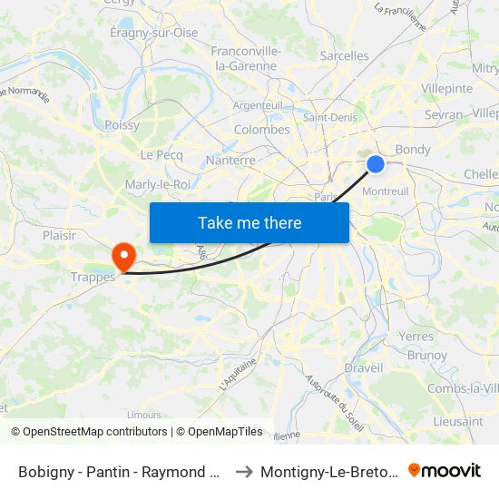 Bobigny - Pantin - Raymond Queneau to Montigny-Le-Bretonneux map