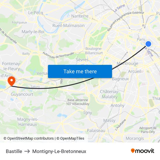 Bastille to Montigny-Le-Bretonneux map