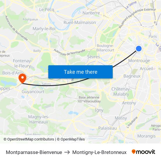 Montparnasse-Bienvenue to Montigny-Le-Bretonneux map