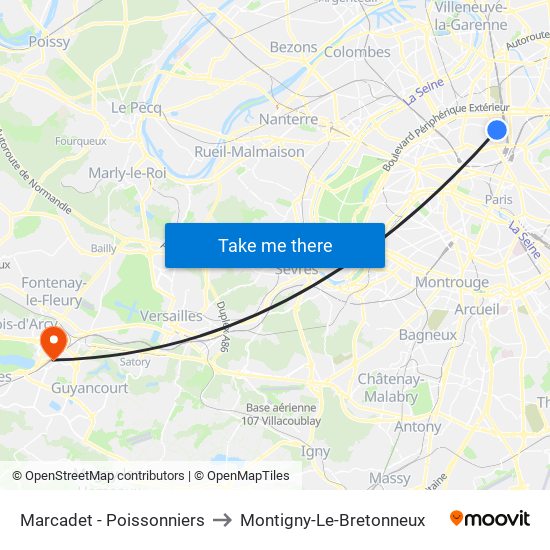 Marcadet - Poissonniers to Montigny-Le-Bretonneux map