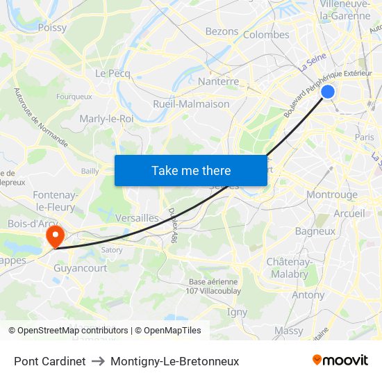 Pont Cardinet to Montigny-Le-Bretonneux map