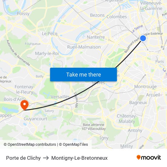 Porte de Clichy to Montigny-Le-Bretonneux map