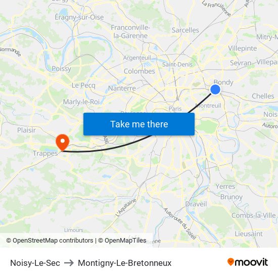 Noisy-Le-Sec to Montigny-Le-Bretonneux map