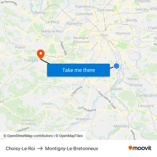 Choisy-Le-Roi to Montigny-Le-Bretonneux map