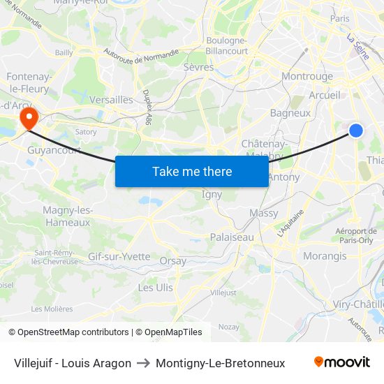 Villejuif - Louis Aragon to Montigny-Le-Bretonneux map