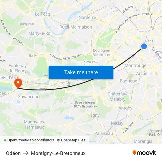 Odéon to Montigny-Le-Bretonneux map