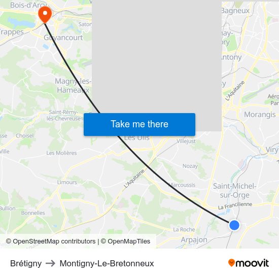 Brétigny to Montigny-Le-Bretonneux map