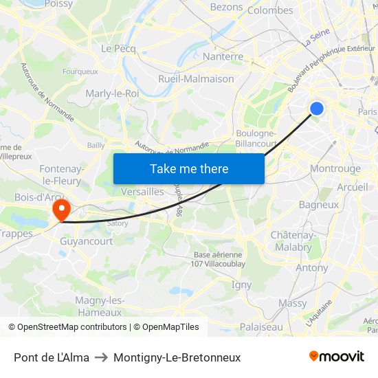 Pont de L'Alma to Montigny-Le-Bretonneux map