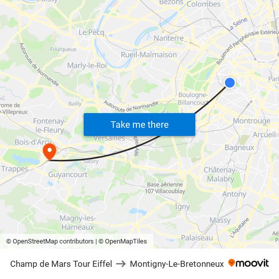 Champ de Mars Tour Eiffel to Montigny-Le-Bretonneux map