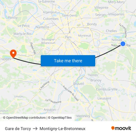 Gare de Torcy to Montigny-Le-Bretonneux map