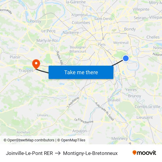 Joinville-Le-Pont RER to Montigny-Le-Bretonneux map