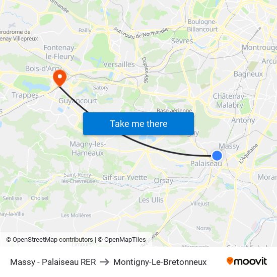 Massy - Palaiseau RER to Montigny-Le-Bretonneux map