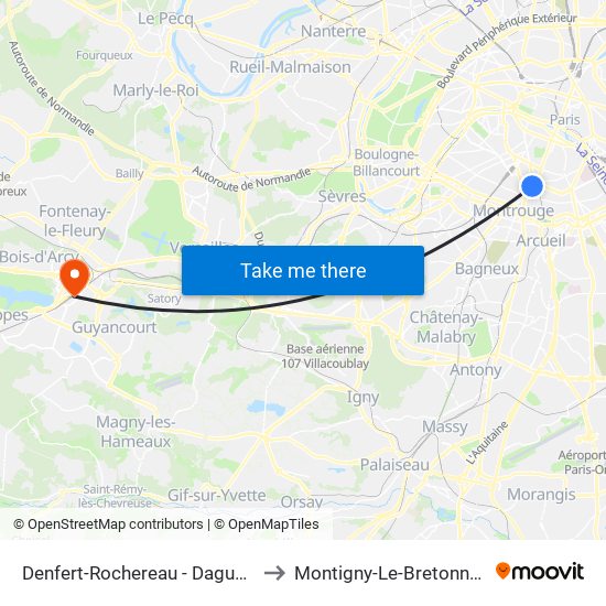 Denfert-Rochereau - Daguerre to Montigny-Le-Bretonneux map