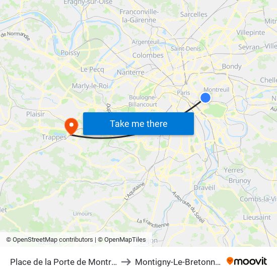Place de la Porte de Montreuil to Montigny-Le-Bretonneux map
