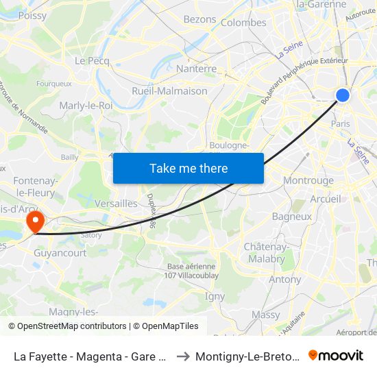 La Fayette - Magenta - Gare du Nord to Montigny-Le-Bretonneux map