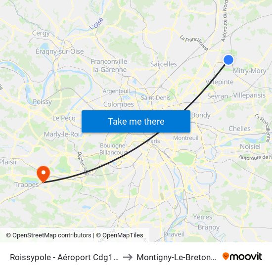 Roissypole - Aéroport Cdg1 (E2) to Montigny-Le-Bretonneux map