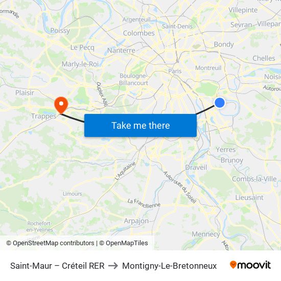 Saint-Maur – Créteil RER to Montigny-Le-Bretonneux map